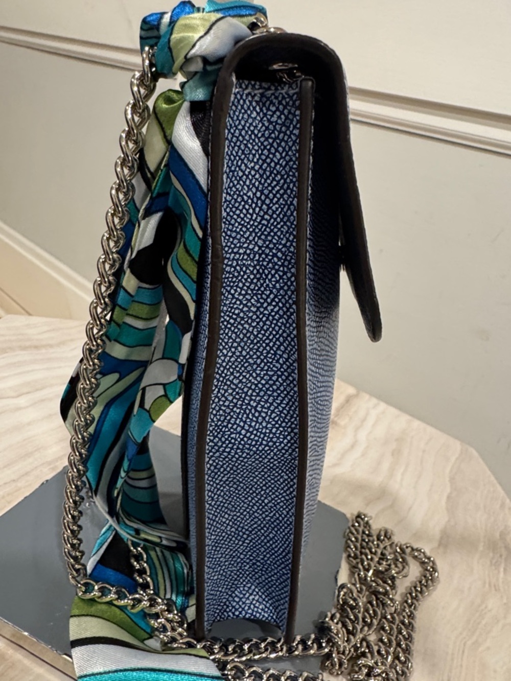 Coach North South Light Denim Blue Leather Crossbody Phone Pouch with Chain - Picture 7 of 17